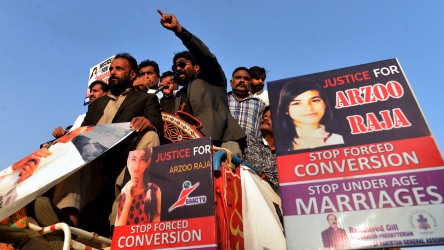 Pakistani members of Minorities Courage Foundation, Eternal life Ministries of Pakistan and the Christian Community are holding placards shouting slogans during a protest demonstration against kidnapping and forced conversion of 13-year-old Christian girl Arzoo Raja.