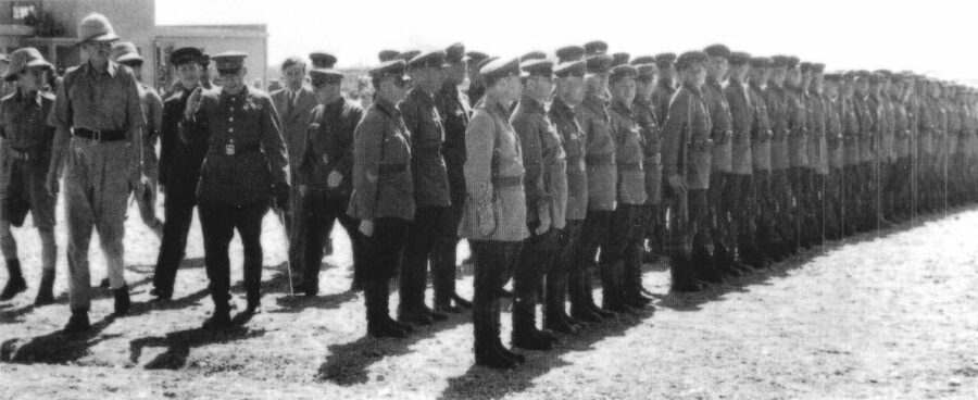 British and Soviet officers inspect troops, in preparations to the Joint Soviet-British military parade in Tehran. Iran, September 1941.