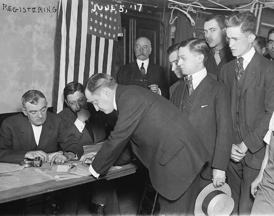 Young men registering for conscription during World War I, New York City, June 5, 1917