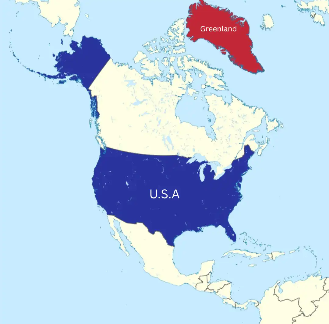 map depicting the areas of US and Greenland