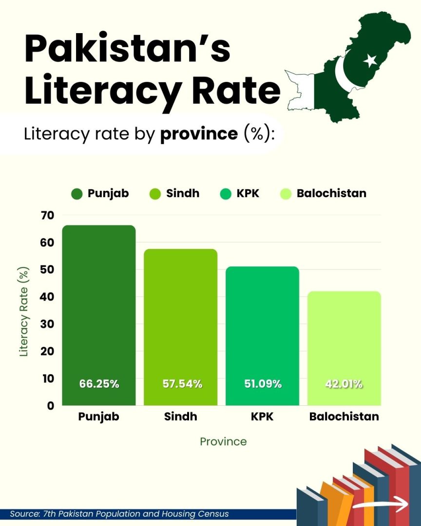Literacy varies sharply by province, from Punjab (66.25%) to Balochistan (42.01%), revealing deep regional inequality.