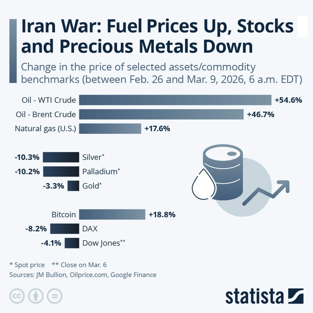 Infographic on fuel prices, stocks and precious metals since the start of Iran War
