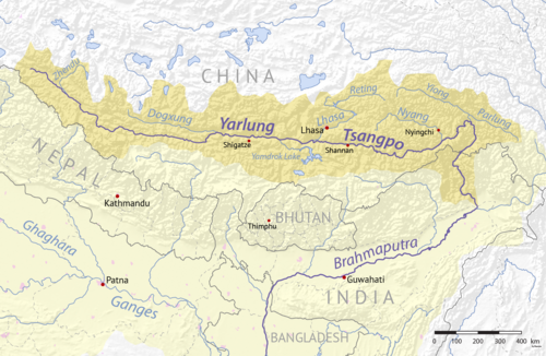 Map of the Yarlung Tsangpo River watershed which drains the north slope of the Himalayas. The Yarlung Tsangpo is sometimes considered the upper section of the Brahmaputra River in northeastern India, which flows to the Bay of Bengal and the Indian Ocean.

