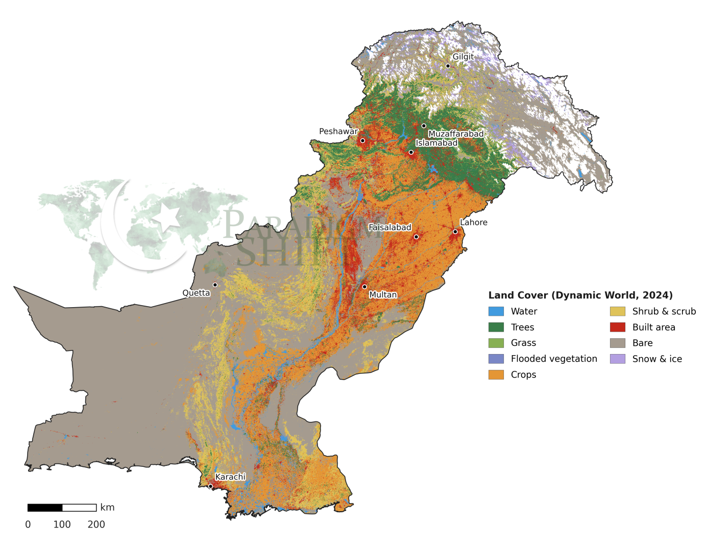 This is Pakistan's physical map which shows its land cover such as trees, water, built area etc.