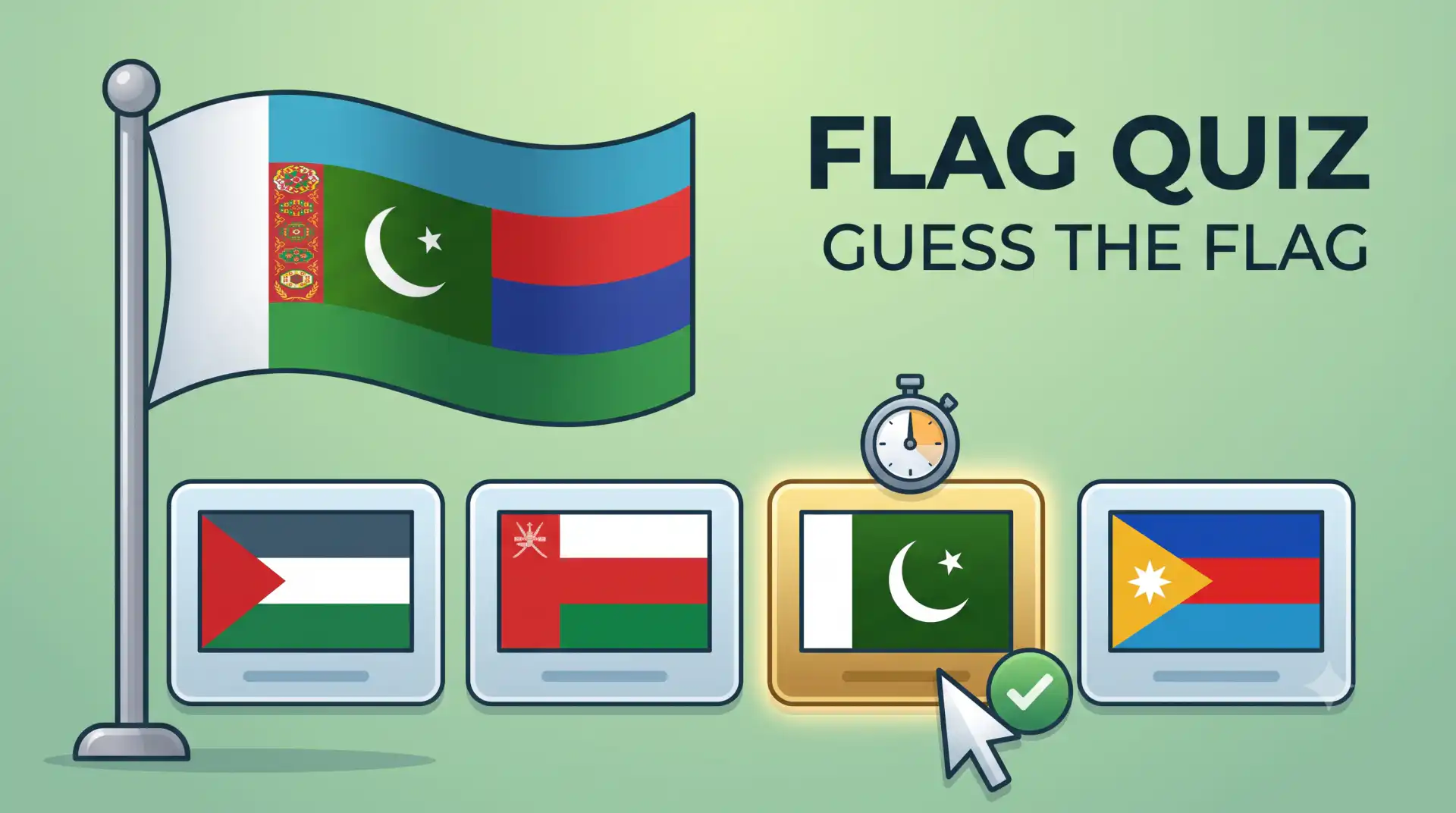 An illustration for the Flag Quiz game showing a row of four flag choices, a mouse cursor highlighting the Pakistan flag as correct with a green checkmark.