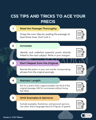 an infographic detailing css tips and tricks so aspirants can ace their precis.