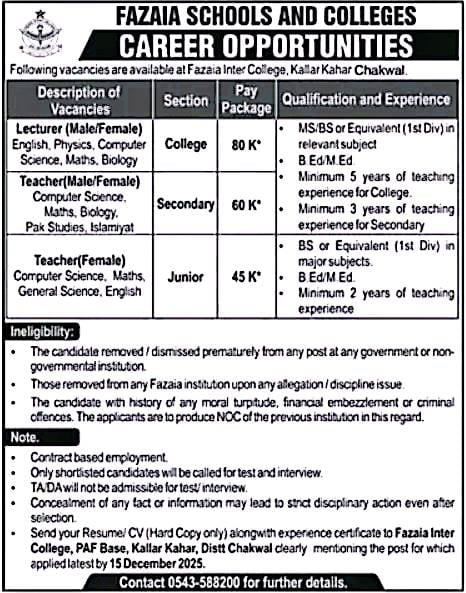 Fazaia Schools &amp; Colleges Jobs 2025