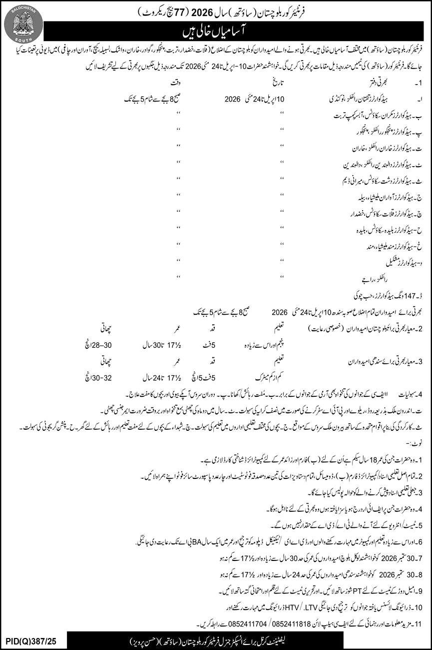 FC Balochistan South Jobs 2026