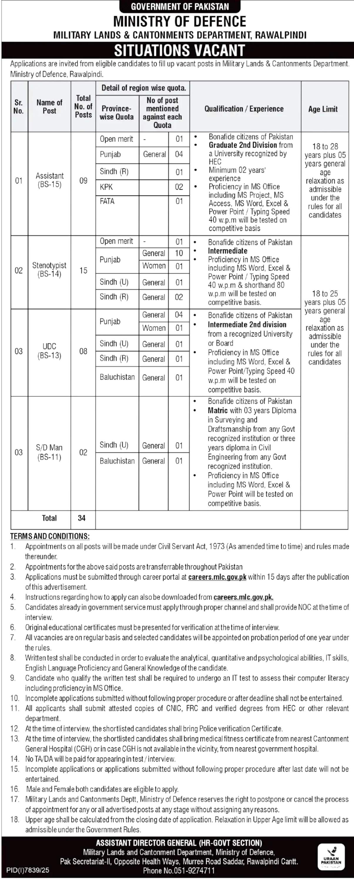 Military Lands and Cantonments Jobs 2026